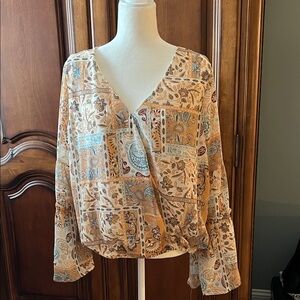 Daytrip Multicolor Patchwork V-Neck Blouse with bell sleeves, NWT, XL